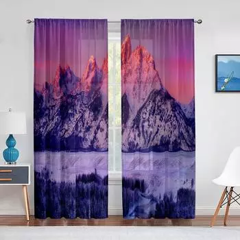 Snow Mountain Dreamy Dusk Scenery Sheer Curtain for Living Room Bedroom Voile Drape Kitchen Window Tulle Curtains Home Essential 1 PCS W100XH250cm&Rod Pocket
