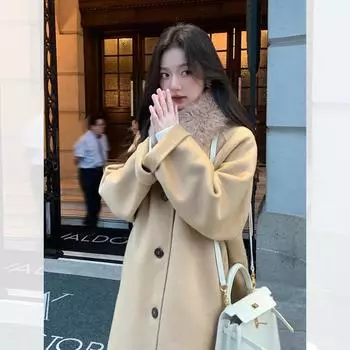 Snow Night 2024 Высококачественное осенне-зимнее кашемировое пальто для женщин, новая корейская версия, свободное двухстороннее шерстяное шерстяное пальто S