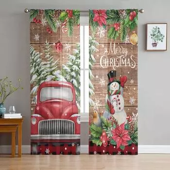 Snowflake Christmas Snowman Redwood Truck Voile Curtains Bedroom Tulle Window Curtain Living Room Sheer Curtains Blinds Drapes W135 x H115cm x1&Rod Pocket