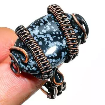 Ювелирное кольцо из медной проволоки со снежинкой, обсидианом, драгоценным камнем, размер 10,5