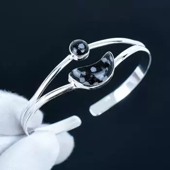 Snowflake Obsidian Gemstone Handmade Cuff Bangle 925 Sterling Silver Cuff Bangle, Snowflake Obsidian Bracelet For Wife , Unisex Bangle, Birthday Gift 7 чёрный
