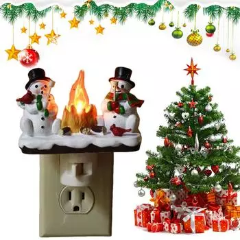 Snowman Bonfire Night Light Campfire Flicker Night Light Decorative Plug In Nightlight Resin Wall Lamp for Bedroom Holiday Decor