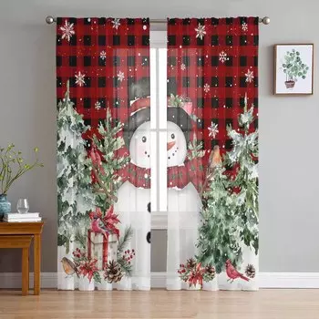 Snowman Christmas Tree Mockingbird Red Grid Curtains For Living Room Bedroom Home Decoration Window Voile Tulle Curtain Drapes W135 x H114cm