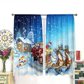 Snowman Printed Window Curtains, Snowflakes and Deer, Decorative Blinds, Home, Living Room, Bedroom, 2Pcs 2x50W130H(CM)40x51in&Hook