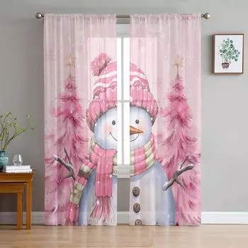 Snowman Snowflake Pink Christmas Tree Sheer Curtains for Living Room Decoration Window Curtains Kitchen Tulle Voile Curtains W135 x H115cm x1