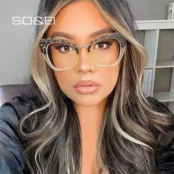 SO & EI ретро большие женские очки в оправе «кошачий глаз», модная прозрачная мужская оправа для очков с защитой от Blu-Ray, весенняя оптическая леопардовая оправа для очков