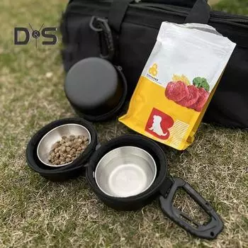 Собачьи миски для кемпинга 2 в 1 из нержавеющей стали кормушка для домашних животных с водой и подвесной сумкой для хранения двойная миска для собак для путешествий на открытом воздухе чёрный