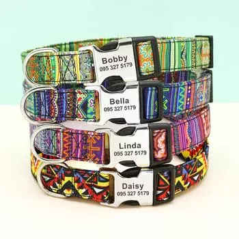 Собачий ошейник с индийским принтом, персонализированный ошейник для домашних животных, нейлоновые ошейники для щенков, бесплатная гравировка имени для маленьких, средних и больших собак S зелёный