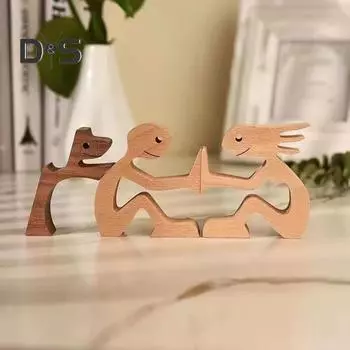 Собака деревянная скульптура питомец памятный подарок собака и мужчина женщина статуэтка домашний декор щенок семья фигурка подарки для любителей собак A