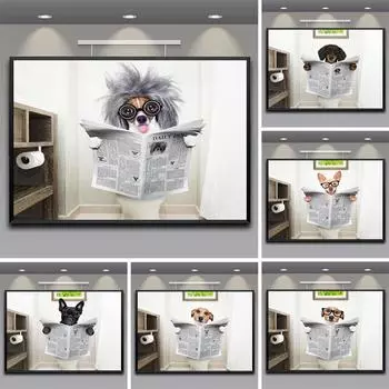 Собака газета туалет ванная комната настенная живопись холст картины плакаты на скандинавскую тему и принты настенные панно для гостиной декор для туалета 21x30 No Frame