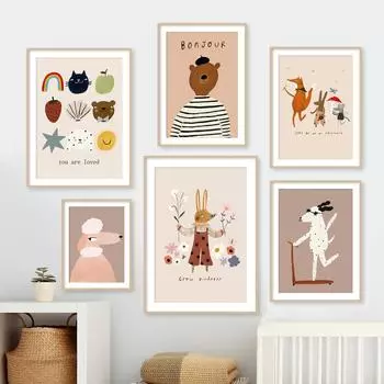 Собака, гусь, кролик, медведь, лиса, мышь, полевой цветок, мультяшный постер, настенная живопись на холсте и принты, настенные панно, декор для детской комнаты (с рамкой) 15*20cm(with frame)