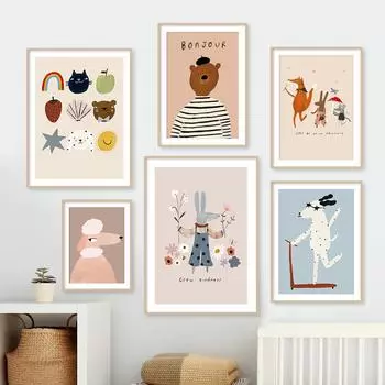 Собака, гусь, кролик, медведь, полевые цветы, мультяшные постеры, фрукты, яблоко, груша, настенная живопись на холсте, печать, фотографии, декор для детской комнаты 21x30cm No Framed бордовый