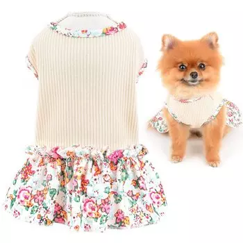 Собака Маленькая вязаная кофточка с цветочным узором Легко надевать и снимать Кошка M SMALLLEE_LUCKY_STORE Одежда, Собаки, Весна/Лето, Платье, Принцесса, Выходная, Одежда для девочек,