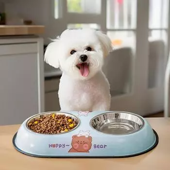 Собака мультяшный медведь принт нержавеющая сталь двойная миска для собак миска для кошек антиопрокидывающаяся миска для домашних животных миска для риса принадлежности для собак S 35*19cm