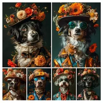 Собака Шляпа Цветок Алмазная Живопись Новые Поступления Животные Diy Полный Квадратный Круглый Дрель Горный Хрусталь Вышивка Продажа Мозаика Наборы Для Вышивки Крестом Настенный Декор Square drill 30x40cm