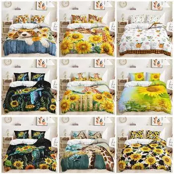 Собака Жираф Черепаха Подсолнух Весенний цветочный синий Doona Пододеяльник Постельный комплект Single 135x200cm