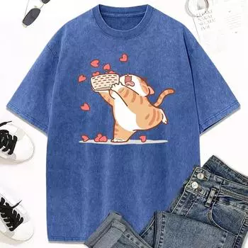 Собери Любовь мультяшный принт Кошка выстиранная винтажная футболка мужская и женская летняя повседневная одежда модная повседневная футболка S