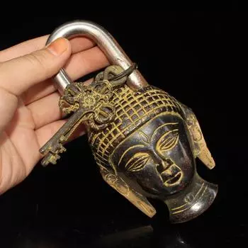Соберите Китайскую Бронзовую Голову Будды Буддизм Старомодный Противоугонный Замок Дверной Замок