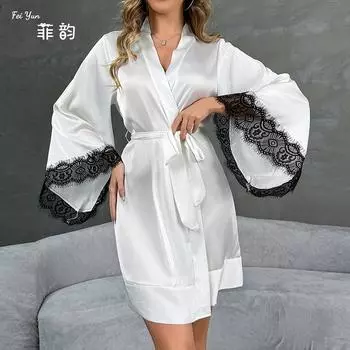 Соблазнительная сексуальная пижама женская ночная рубашка из ледяного шелка халат с длинным рукавом шелковое кружевное ночное белье S бордовый