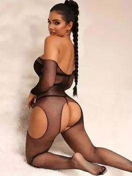 Соблазнительный сетчатый боди-чулок с длинными рукавами и открытой промежностью - женское нижнее белье onesize