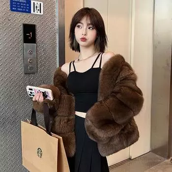 Соболь круглый вырез имитация лисьего меха модный и тонкий молодой искусственный мех куртка женская короткая меховая кофта кофейного цвета другой S