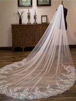 Соборные свадебные фаты для невест Длинная свадебная фата 1 ярус Фата Цветочное кружево Мягкая фата из тюля с гребнем 3x3 м белый