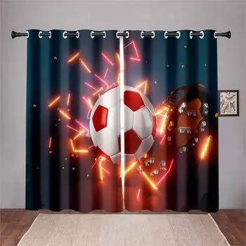 Soccer Balls Football Design Curtains Window Treatment Drapes Window Curtains For Living Room Bedroom Kids Room Home Decor 2pcs (W50H130cm)-2pcs&Hook