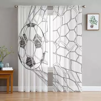 Soccer Football Net Sketch Tulle Sheer Curtains for Living Room Decoration Window Curtain for Bedroom Voile Organza Drapes W135 x H115cm x1&Rod Pocket