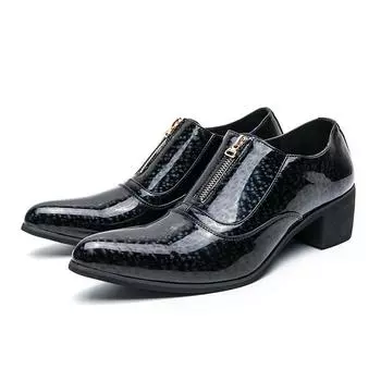 Социальные кожаные туфли мужские на высоком каблуке синие деловые туфли для мужчин толстые подошвы остроносые оксфордские туфли британский стиль броги мужские 38 чёрный
