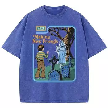 Социальные навыки Заводить друзей Выстиранный Ретро Мужские Женские Футболки Дышащие Топы Повседневная Футболка Оверсайз Хлопковая Футболка S