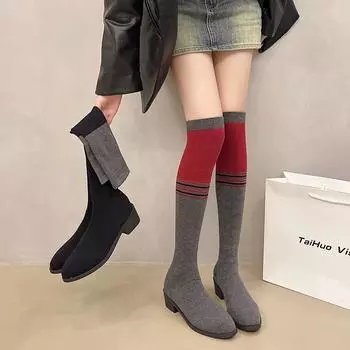 Сапоги-носки женские новые весна-осень-зима эластичные длинные выше колена толстый каблук тонкие вязаные 35 серый