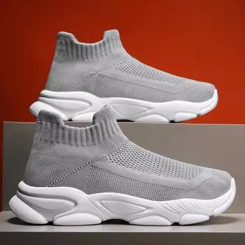 Socks and shoes Men s mesh breathable casual sports shoes Fashion fly-woven high-top one-pedal summer new trendy men s shoes 39