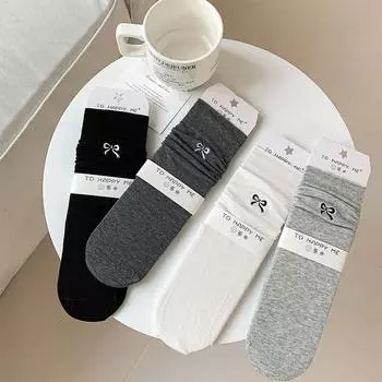 Socks Women S Stacking Socks Bow Embroidered Women S Socks Japanese Versatile Anti-Pilling Boneless Solid Color Simple Medium Tube Socks One Size