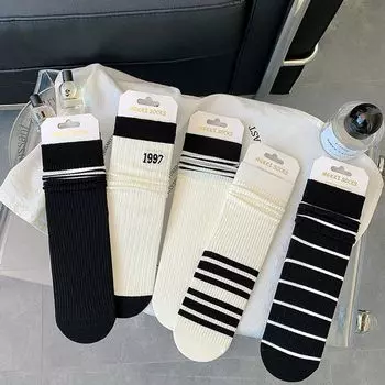 Socks Women S White Tube Socks Striped Versatile Women S Stacking Socks Japanese Trendy Black Stockings One Size белый