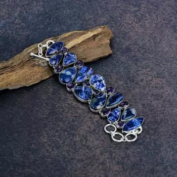 Содалит, браслет с аметистовым драгоценным камнем, ювелирные изделия из стерлингового серебра 925 пробы, красивый браслет ручной работы для свадебного подарка Adjustable with 8 inches синий