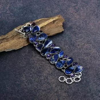 Содалит, браслет с аметистовым драгоценным камнем, ювелирные изделия из стерлингового серебра 925 пробы, красивый браслет ручной работы для свадебного подарка Adjustable with 8 inches синий