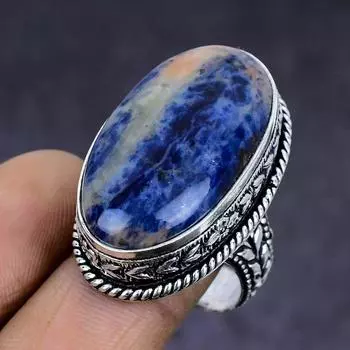 Содалит драгоценный камень ручной работы из серебра 925 пробы подарок ювелирное изделие кольцо размер 9 K1K09