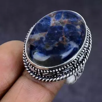 Содалит драгоценный камень ручной работы из стерлингового серебра 925 пробы подарочное ювелирное кольцо размер 7.5 B4b64