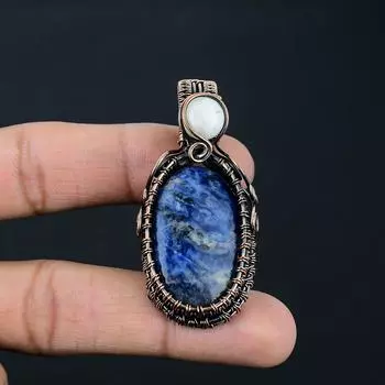 Содалит и лунный камень, драгоценный камень, кулон ручной работы из чистой медной проволоки, ювелирное изделие для женщин 2.36 inches синий