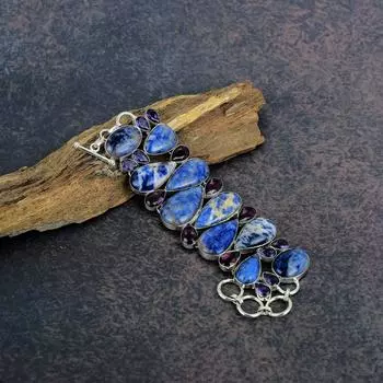 Sodalite, Amethyst Bracelet, 925 Solid Sterling Silver Bracelet, Anniversary Jewelry Gift, Handmade Jewelry, Bracelet For Women Adjustable with 8 inches синий