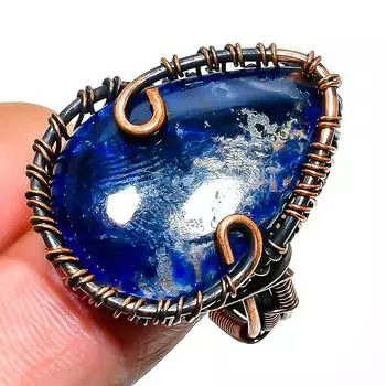 Ювелирное кольцо ручной работы из медной проволоки с драгоценным камнем содалитом, размер 7,5