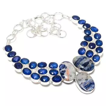 Sodalite, Sapphire Gemstone 925 Sterling Silver Jewelry Necklace 18 W8s14 синий