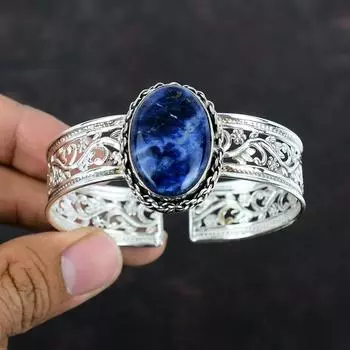 Содалитовый браслет из стерлингового серебра 925 пробы, регулируемый браслет с драгоценными камнями, браслет-манжета ручной работы, очень красивые серебряные украшения, подарки для нее