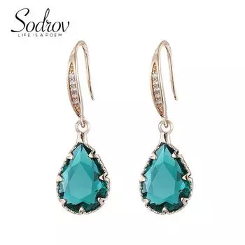 SODROV Бриллиантовые темно-зеленые серьги-капли с кристаллами и цирконом
