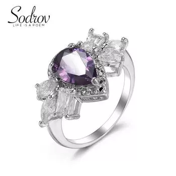 SODROV Ювелирное кольцо с цирконом фиолетового цвета в форме груши 6