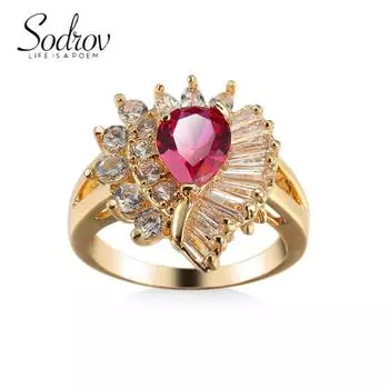 SODROV позолоченные красные/прозрачные ювелирные кольца с кубическим цирконием для женщин 6 красный