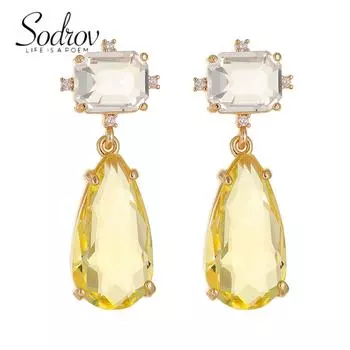 SODROV позолоченные женские серьги-подвески с прозрачными и желтыми кристаллами циркона