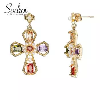 SODROV роскошные радужные ювелирные изделия позолоченные красочные серьги с цирконом в форме креста для женщин