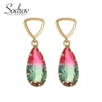 SODROV винтажные позолоченные серьги-гвоздики с красным и зеленым цирконием для женщин