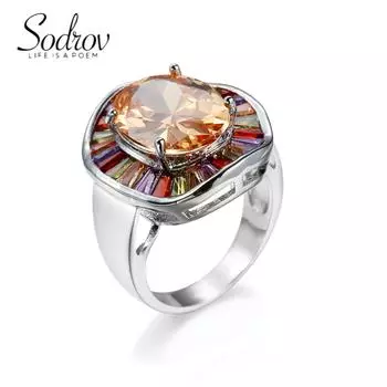 SODROV Женское овальное кольцо с цирконом цвета шампанского и кристаллами 6